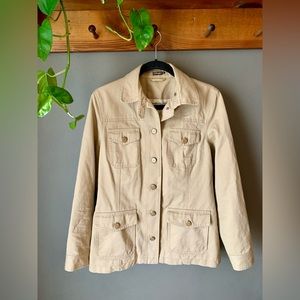 J McLaughlin Cotton Safari Style Jacket Beige W/ Horses On Liner Women’s Medium